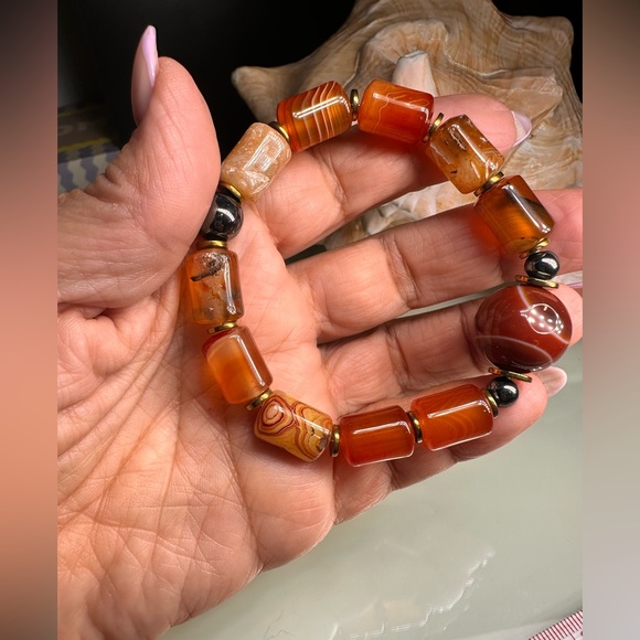 STRIPED AGATE + HAEMACHATES NATURAL STONES BRACELET size 7” - Picture 11 of 12
